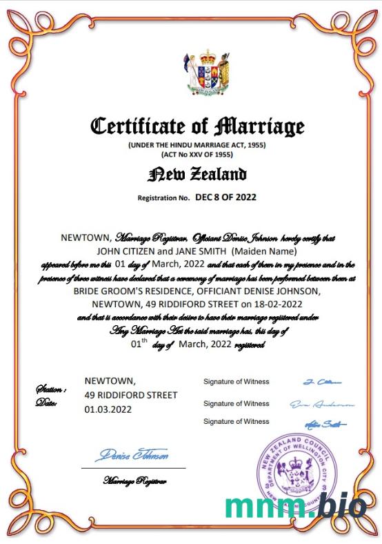 New Zealand akt małżeństwa Word i PDF szablon